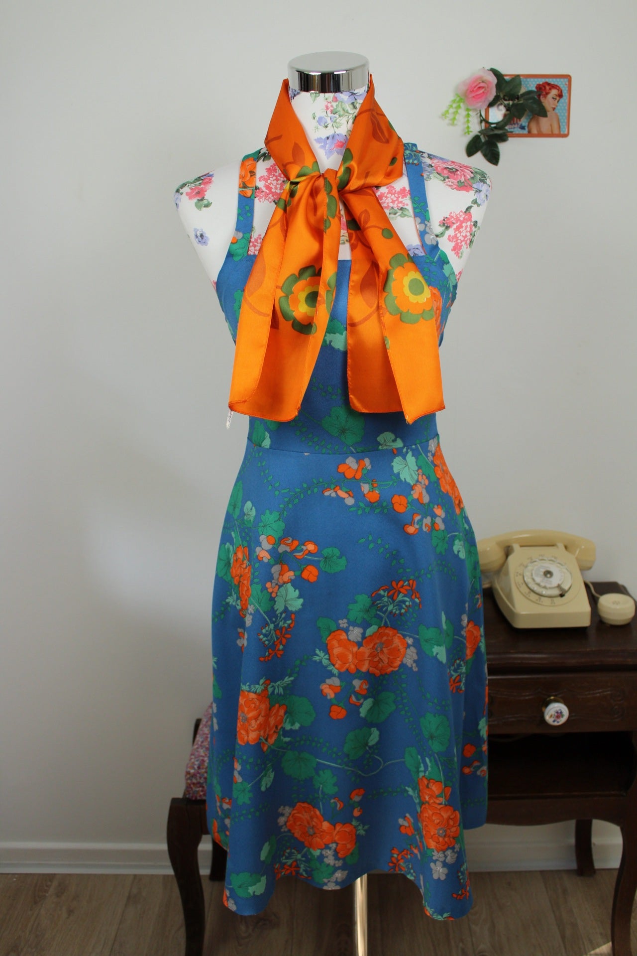 🌸🍒Foulard vintage 70's orange pep's & fleurs géométriques psychédéliques 🍒🌸