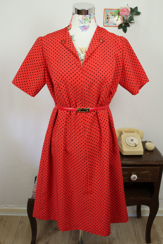 🌸🍒Robe vintage 70/80s rouge clair à pois style pin-up/rockabilly 50s - Taille 40/42🍒🌸