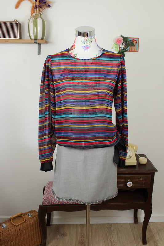 Blouse vintage années 80 transparente rayée multicolore & nœud en satin - Taille 38