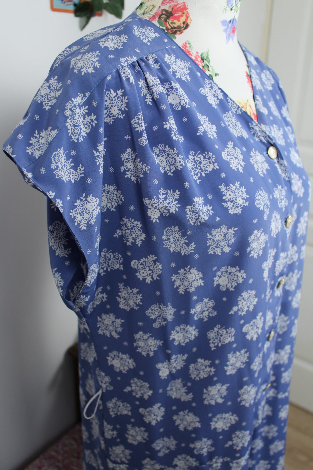 🌸🍒Robe vintage 90's bleue & bouquets de fleurs - Gevana made in France - Taille 42/44🍒🌸