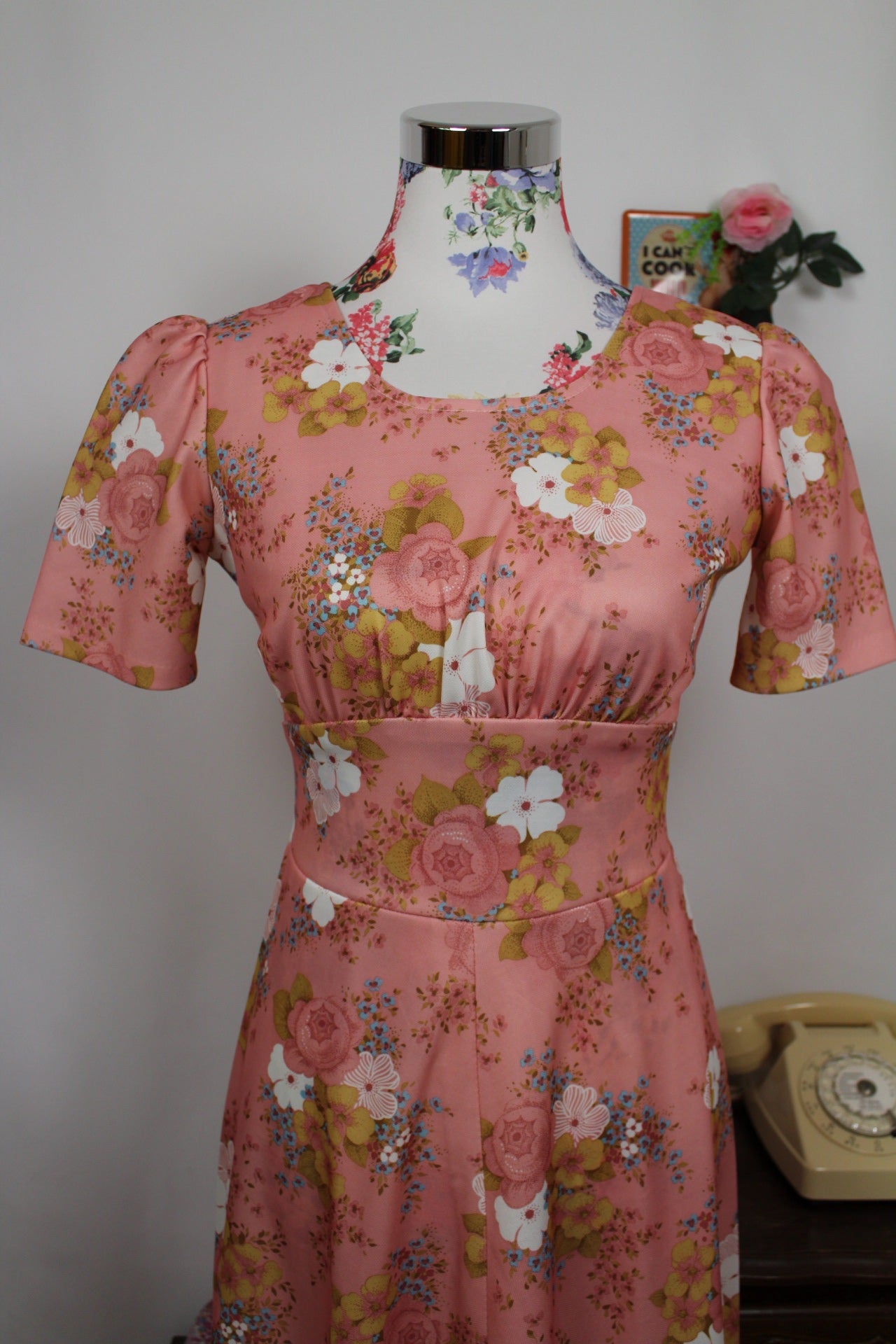 🌸🍒Robe longue vintage 70's bohème romantique rose poudrée fleurie - Taille 34/36🍒🌸