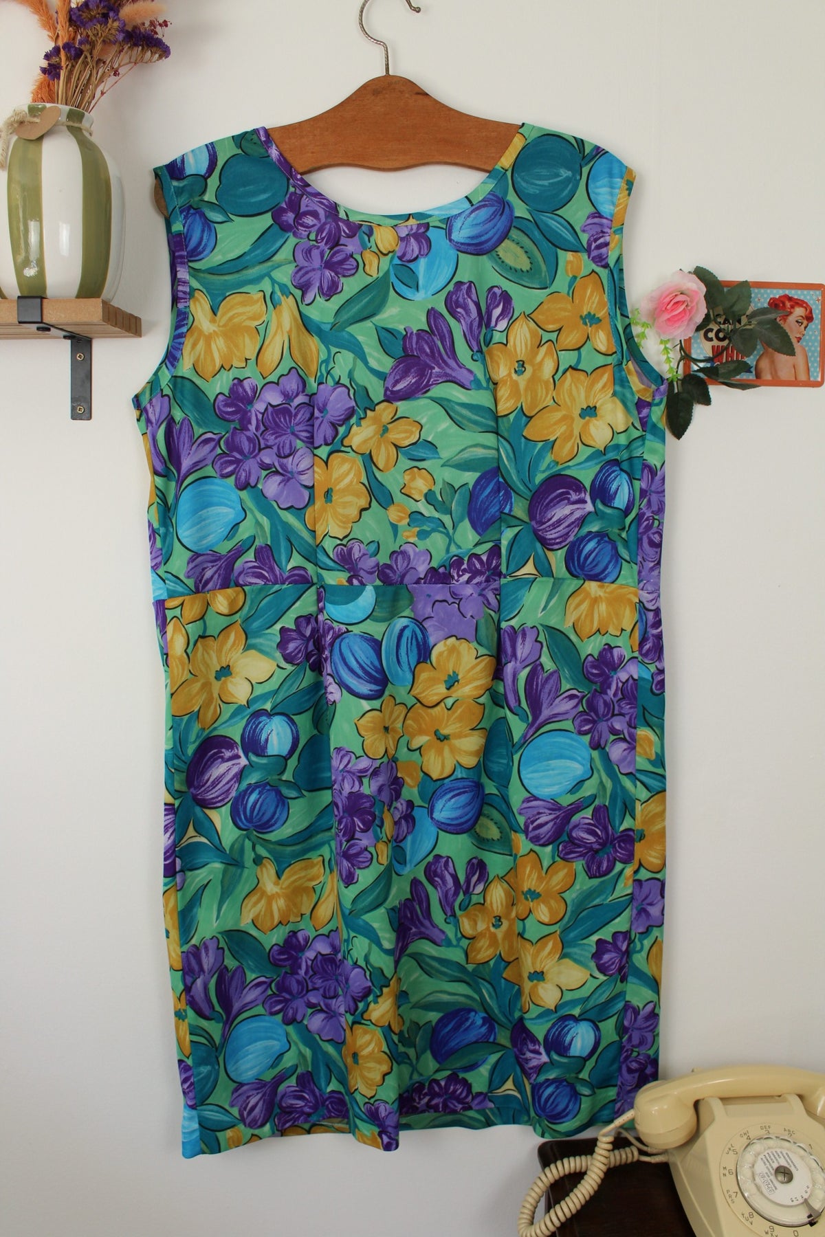 🌸🍒Robe vintage années 80/90 vert lumineux, fleurs & kiwi - Taille 44 à 48🍒🌸