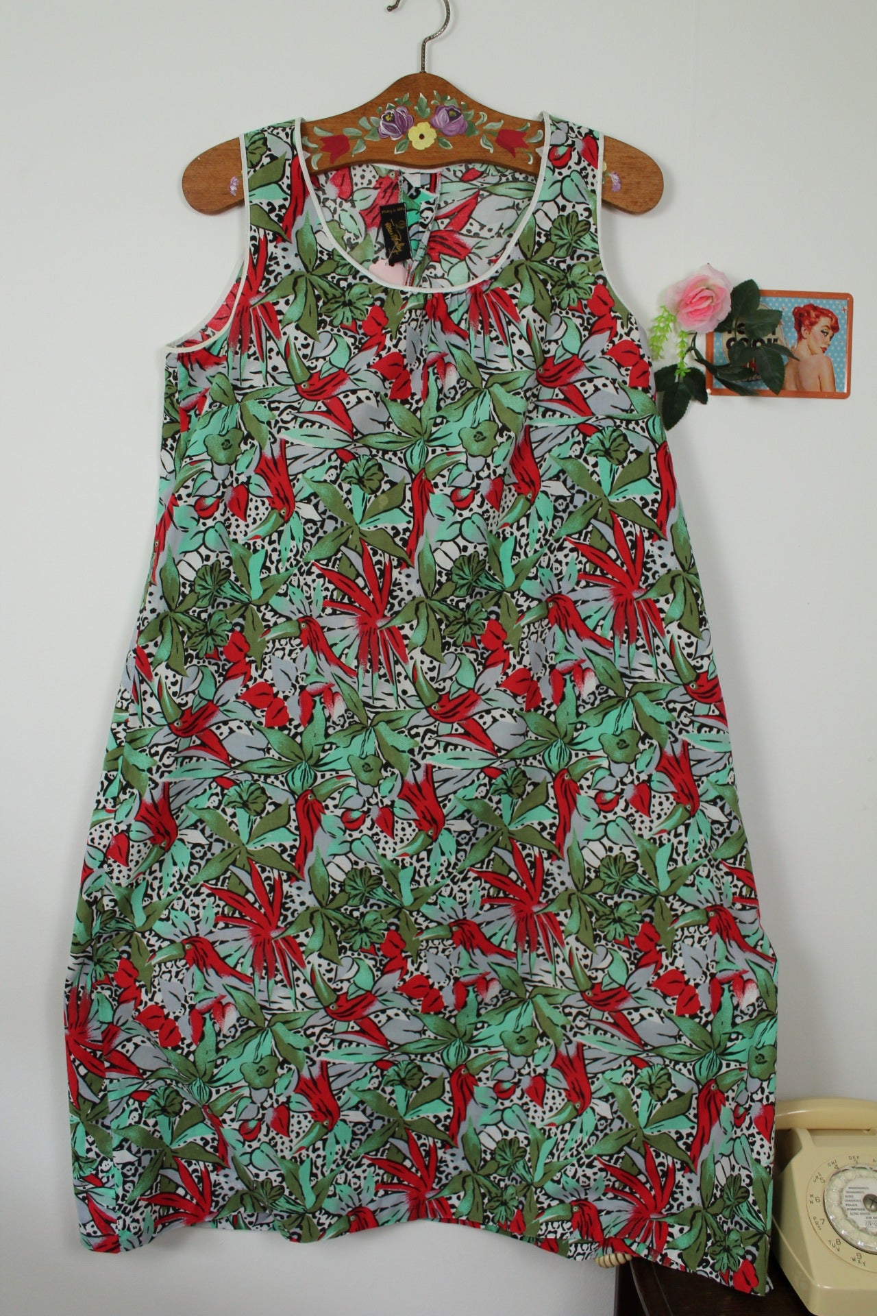 🌸🍒Robe vintage 80/90's imprimée jungle & oiseaux - pin-up des tropiques - Taille 40/42🍒🌸
