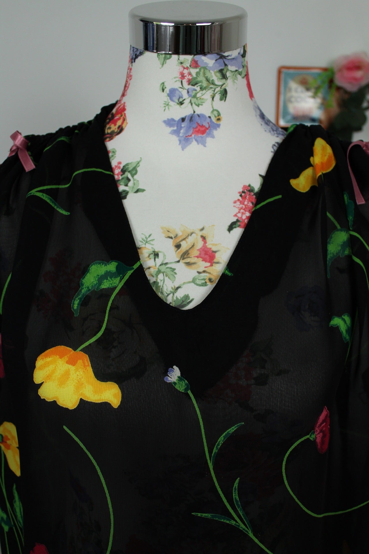 🌸🍒Blouse vintage 90's fait main fleurie - épaules à nouer - Taille 40/42🍒🌸