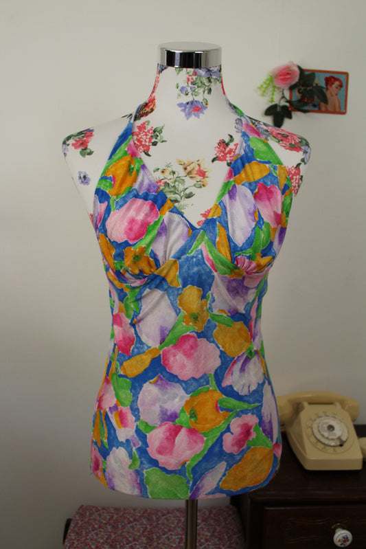 🌸🍒Maillot de bain vintage 80's imprimé floral aquarelle XXL très coloré - Taille 42🍒🌸