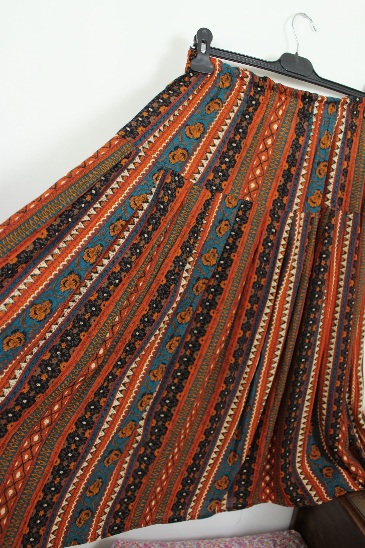 🌸🍒Jupe midi vintage 70's bohème folk terracotta & turquoise - Taille 36 à 40🍒🌸