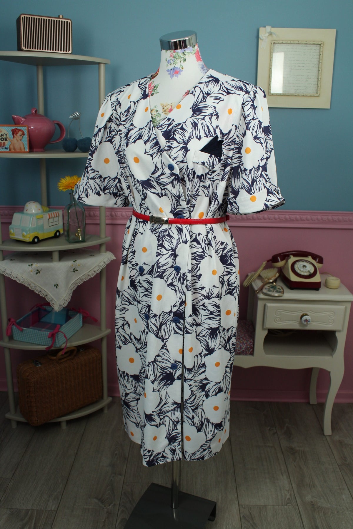 Robe vintage années 80 marguerites graphiques esprit seventies - Taille 46/48