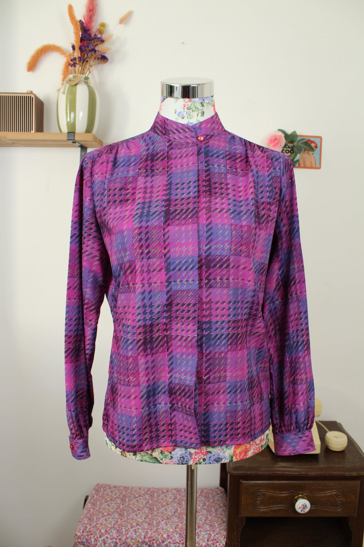 Chemise vintage années 80 violet à carreaux tartan col officier - Taille 38