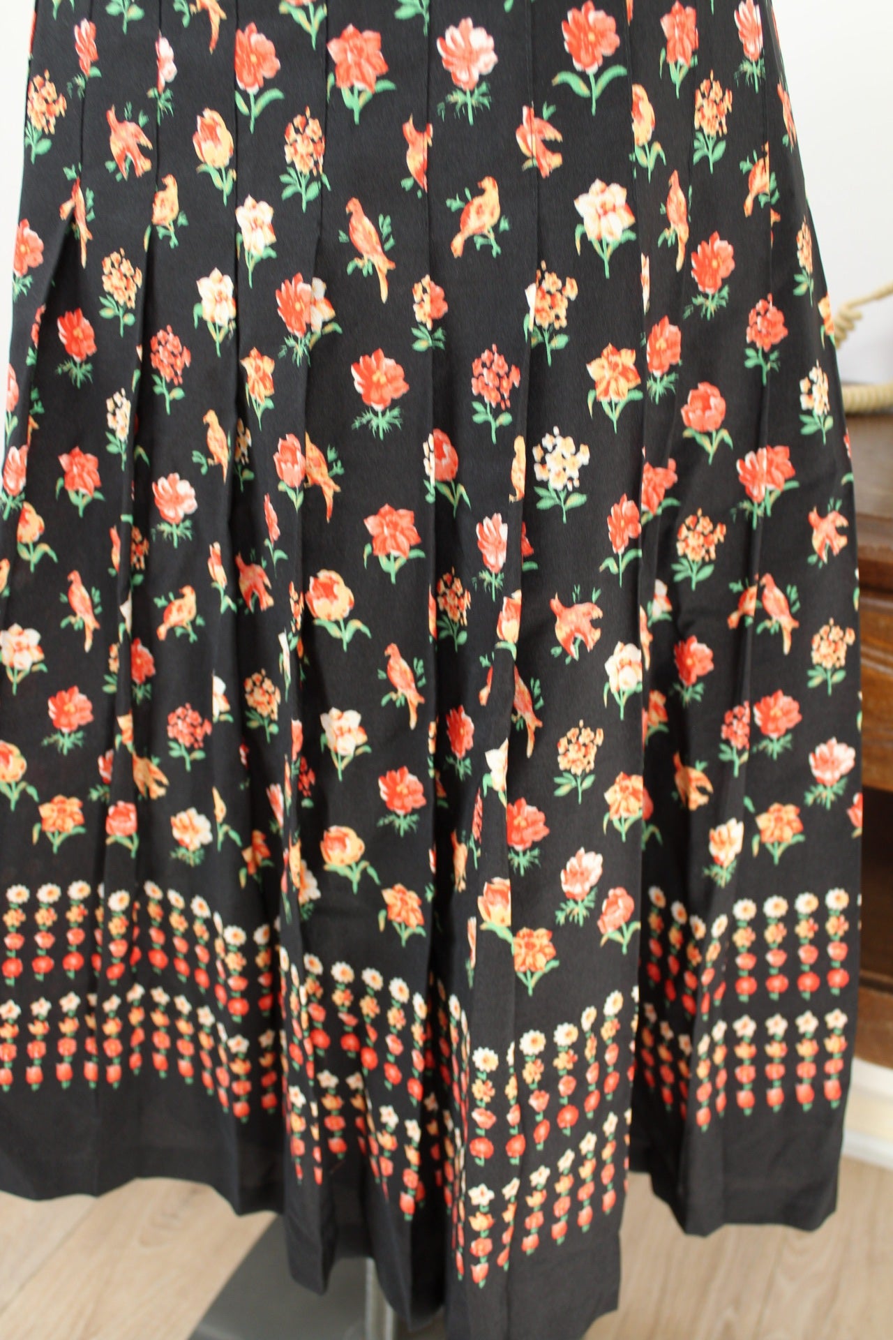 🌸🍒Jupe plissée vintage 70's romantique oiseaux & fleurs - Taille 36🍒🌸