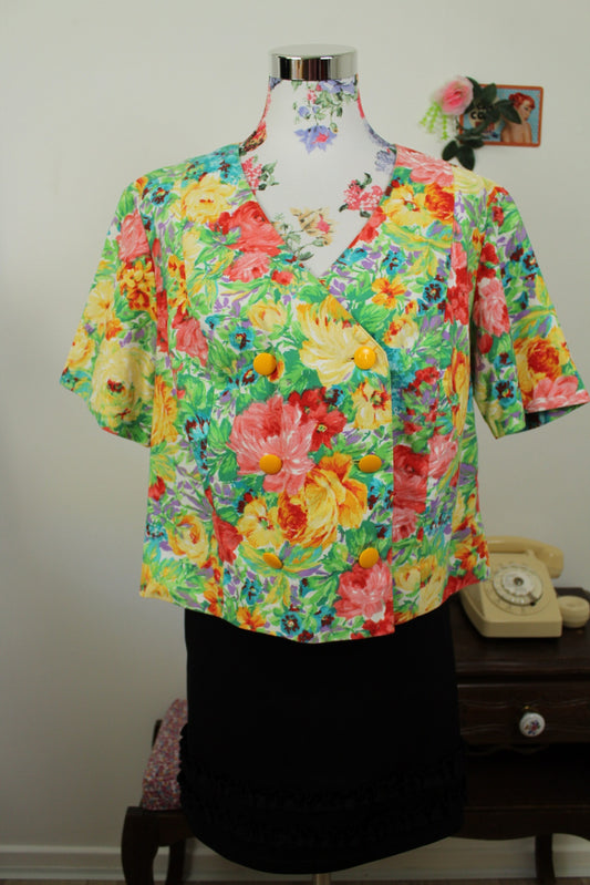 🌸🍒Blouse manches courtes vintage 70's imprimé floral dense - jardin romantique - Taille 42/44🍒🌸