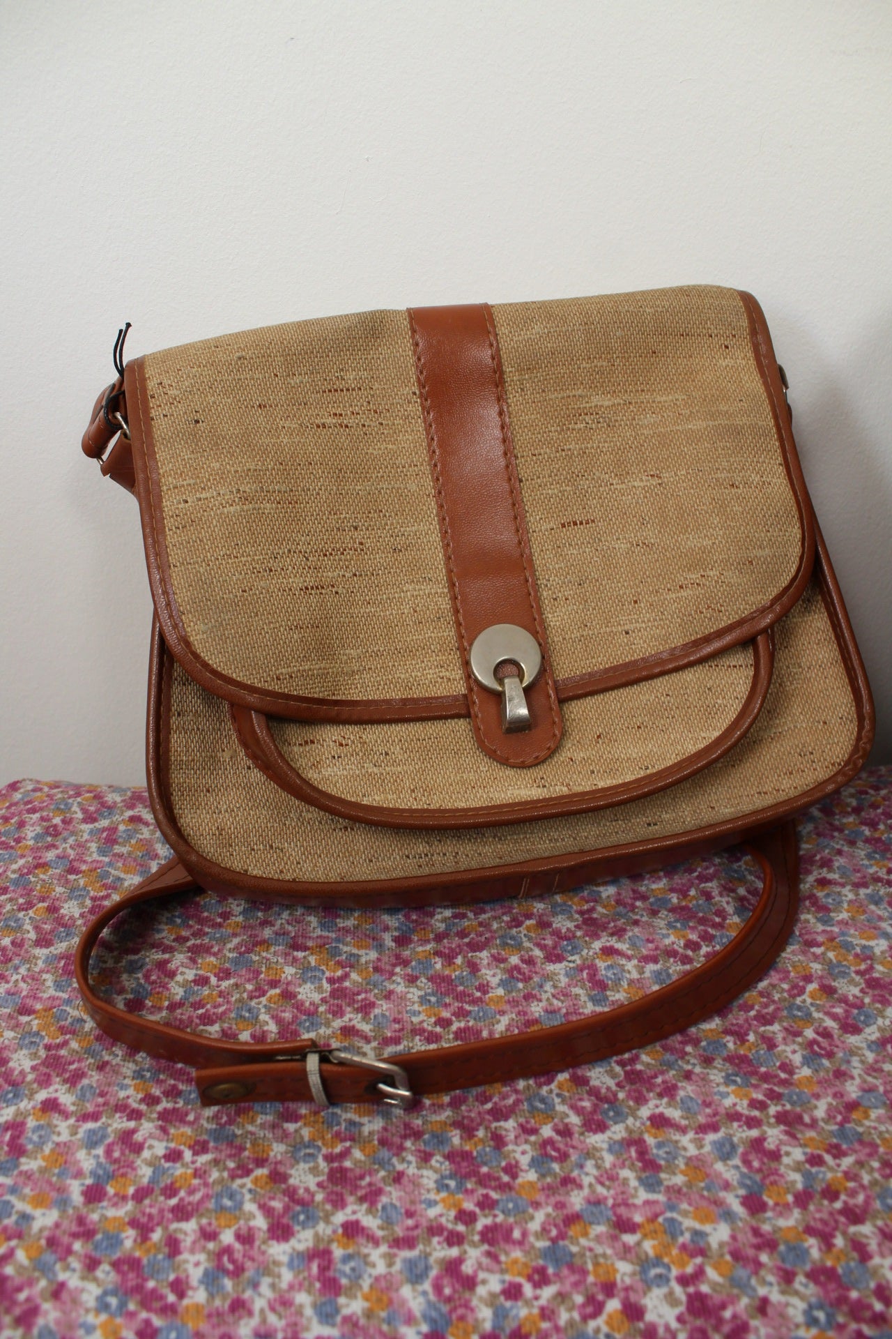 🌸🍒Sac vintage années 70/80 bi-matière toile + cuir camel🍒🌸