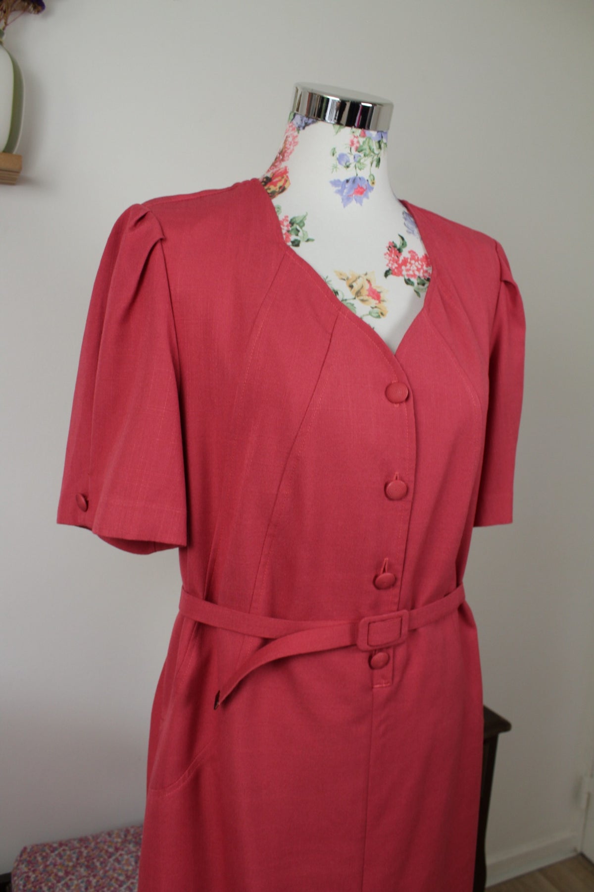 Robe vintage années 80 rose poudré coupe ceinturée - Taille 40/42