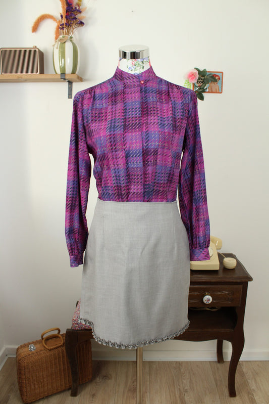 Chemise vintage années 80 violet à carreaux tartan col officier - Taille 38