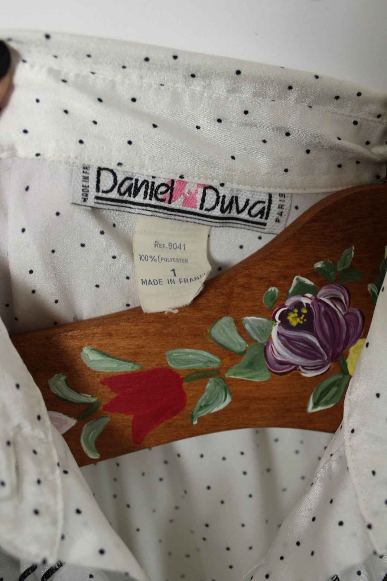 🌸🍒Chemise vintage à volants Daniel Duval Paris 80's - pois noir & satin - Taille 40🌸🍒