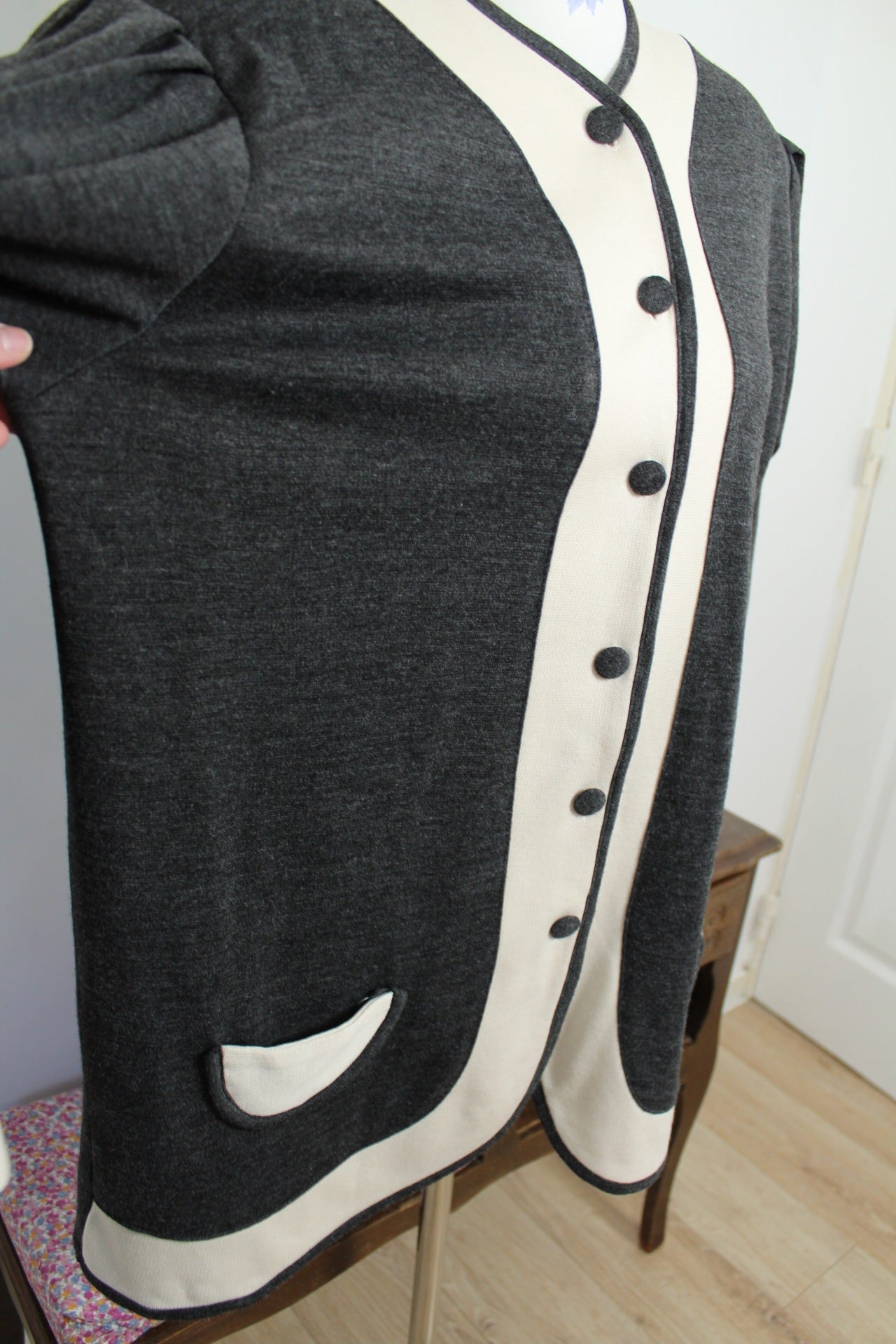 🌸🍒Cardigan vintage années 80 gris & crème - made in France - Taille 44/46🍒🌸