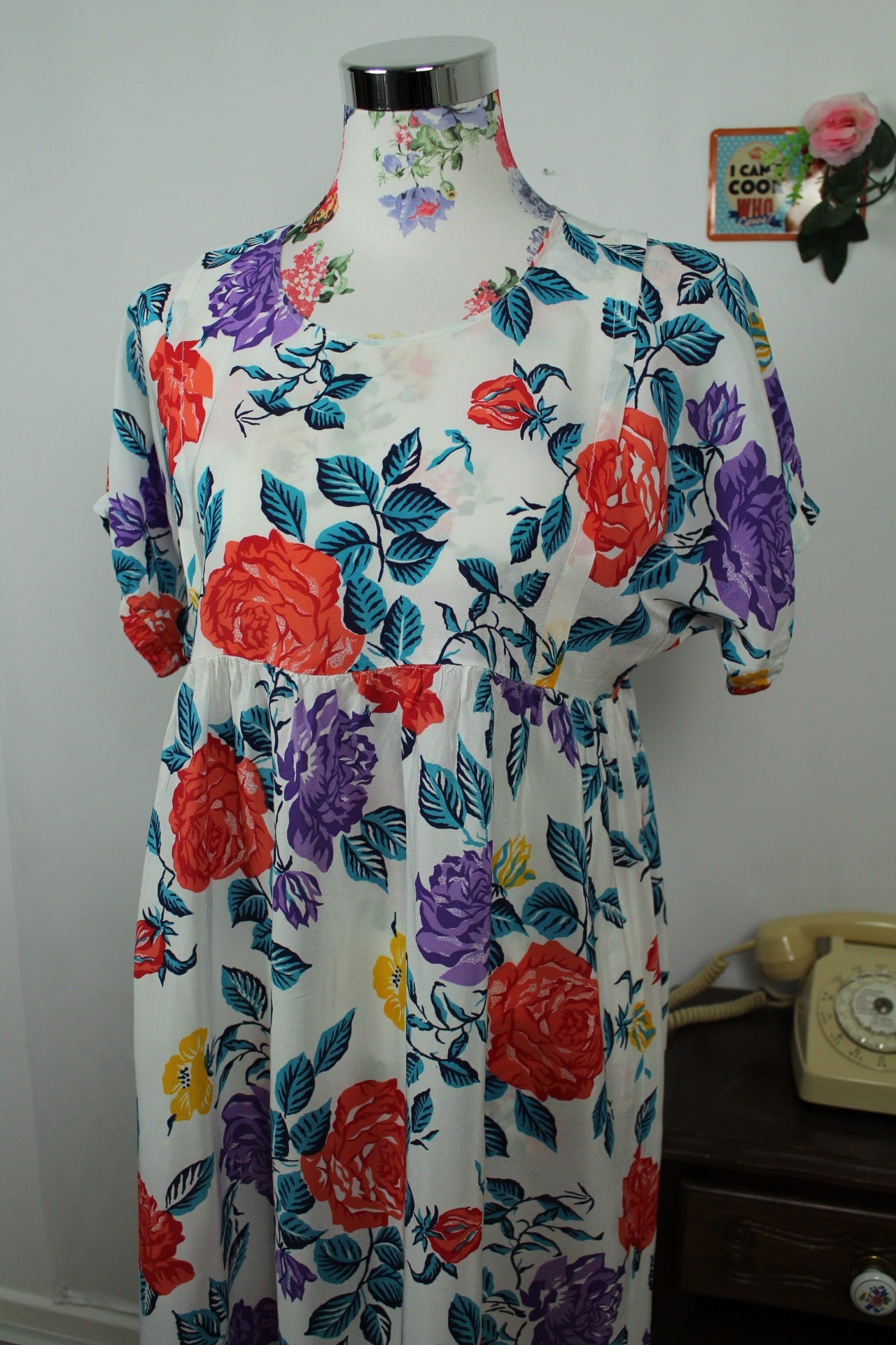 🌸🍒Robe vintage 80's blanche fleurie pep's - coupe & manches amples - Taille 38/40🍒🌸