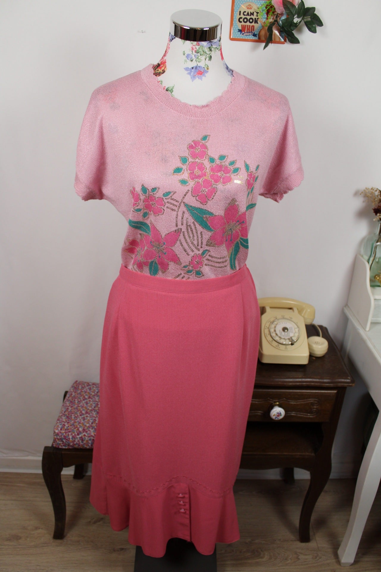 🌸🍒Jupe longue vintage Caty Jane 80/90s - rose poudré - broderies & boutons - Taille 40🍒🌸