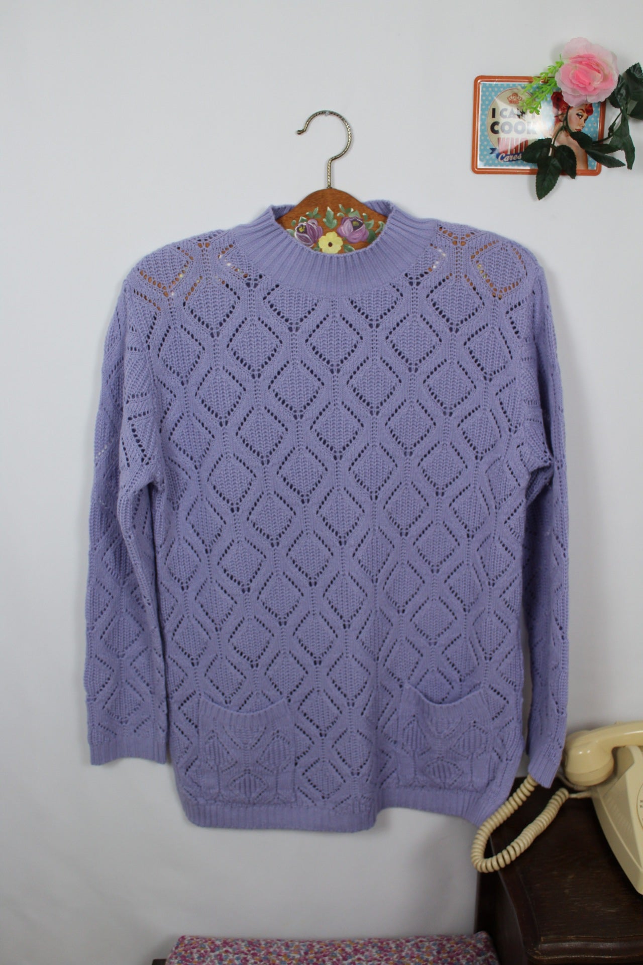 🍒🌸Pull ajouré lila vintage années 80 en laine - long & cosy avec poches - Taille 40/42 🌸🍒