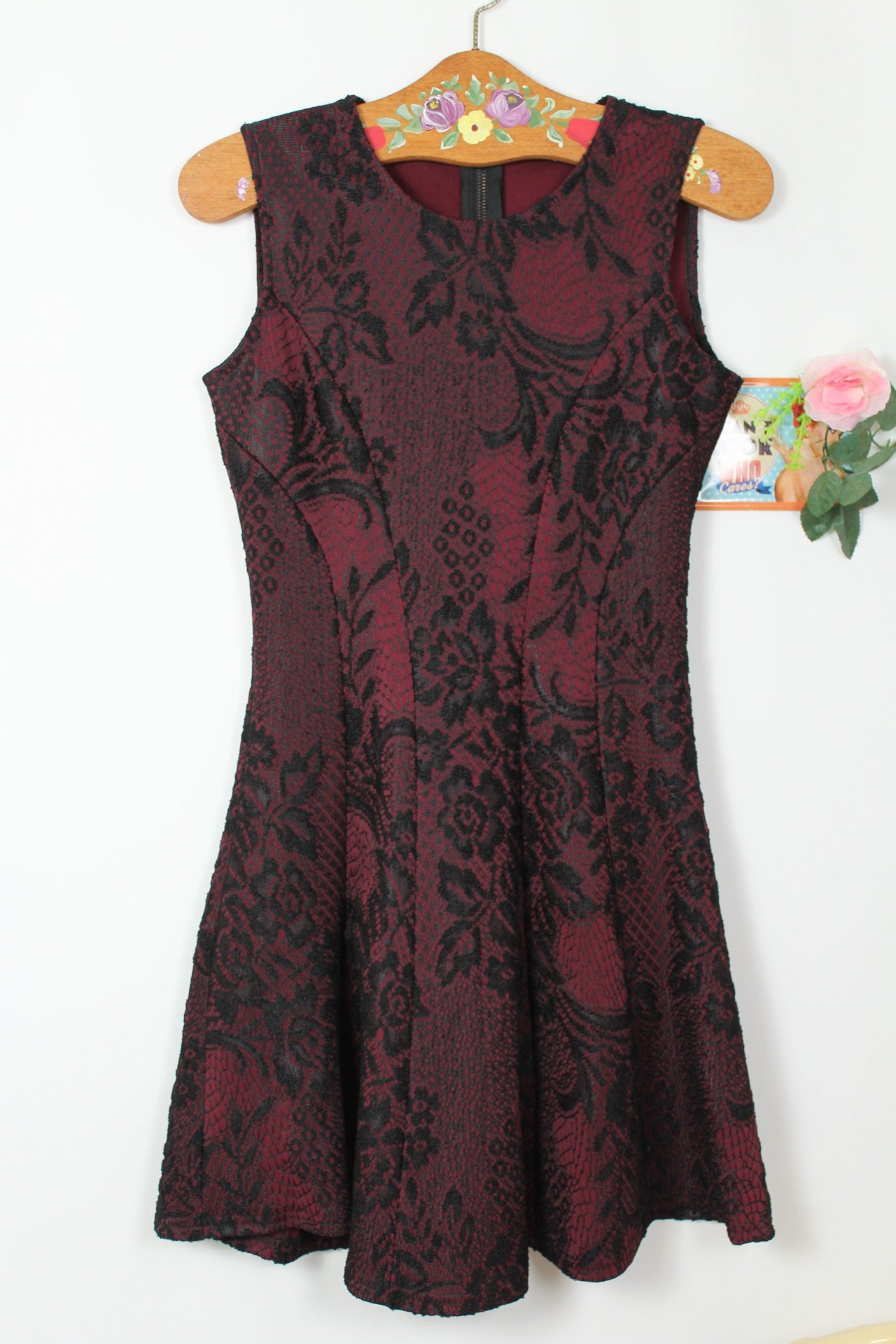 🌸🍒Robe patineuse vintage 90s/2000s pin-up/rockabilly en dentelle noire fleurie - Taille 36🍒🌸