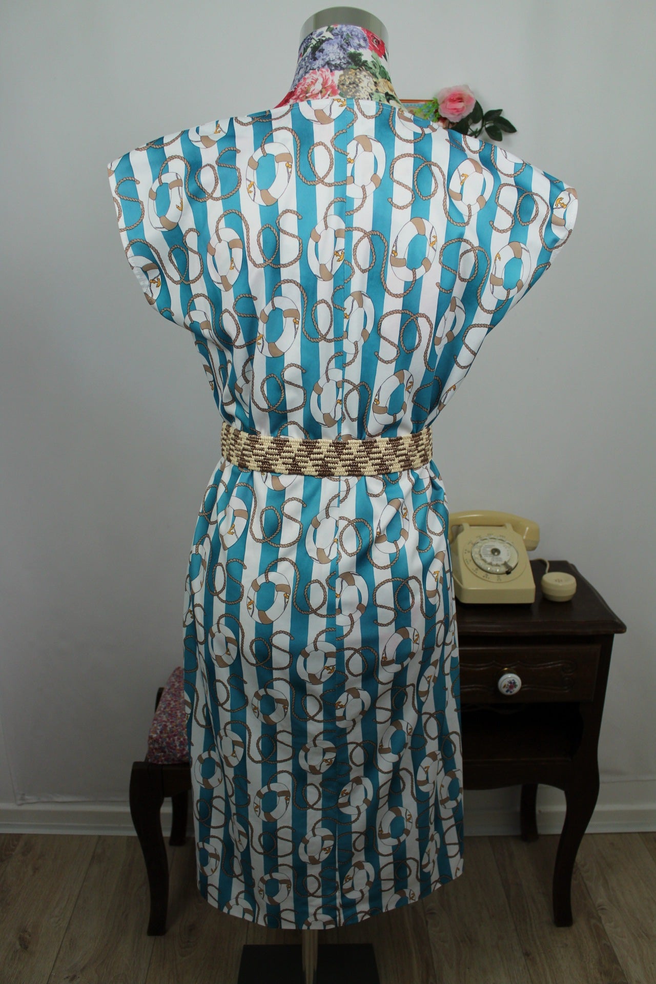 🌸🍒Robe vintage 80's Navy rayures turquoises & motifs nautiques - Taille 38 à 42🍒🌸