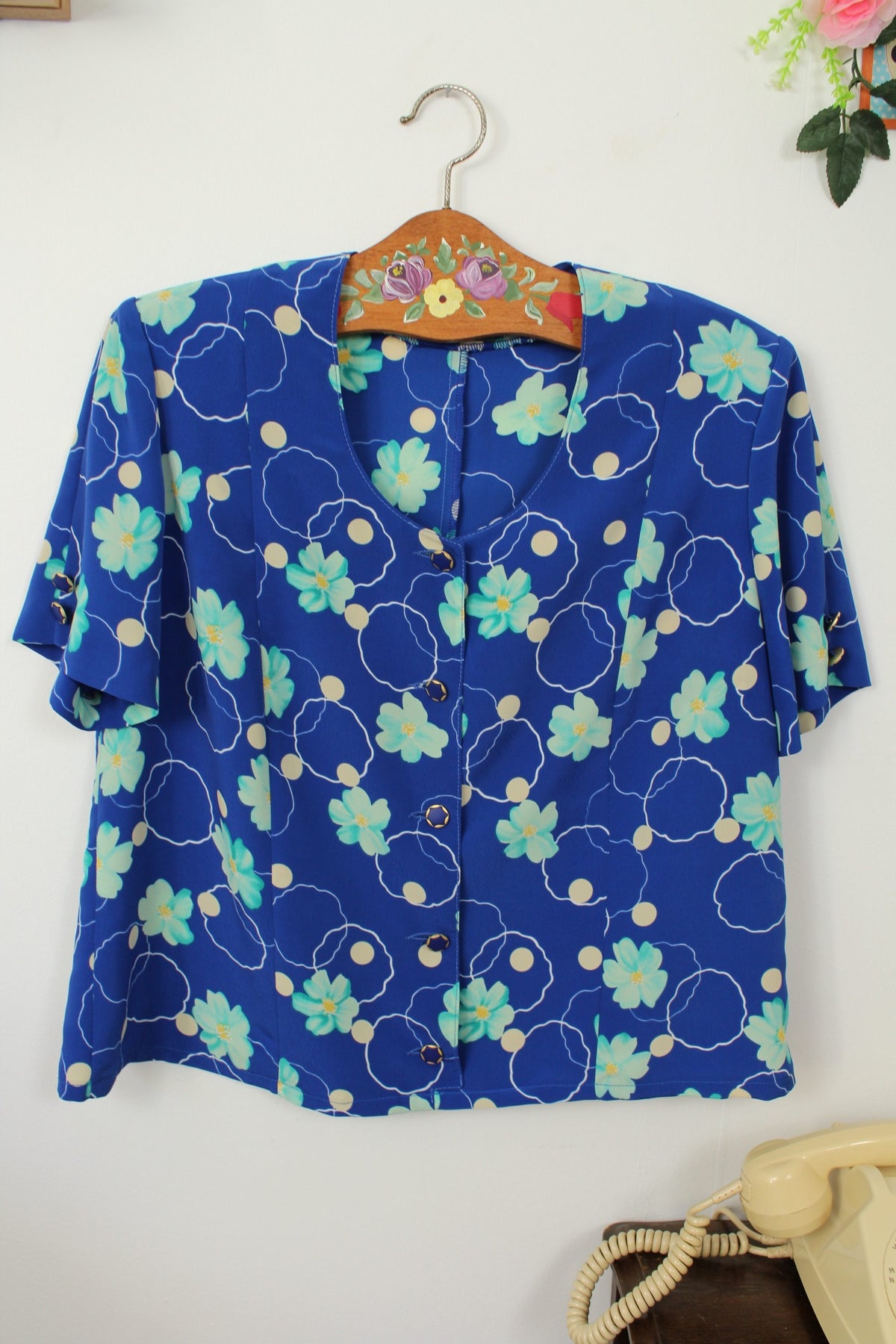 🌸🍒Chemise vintage années 80 bleu pep's - pois & fleurs - Taille 40🍒🌸