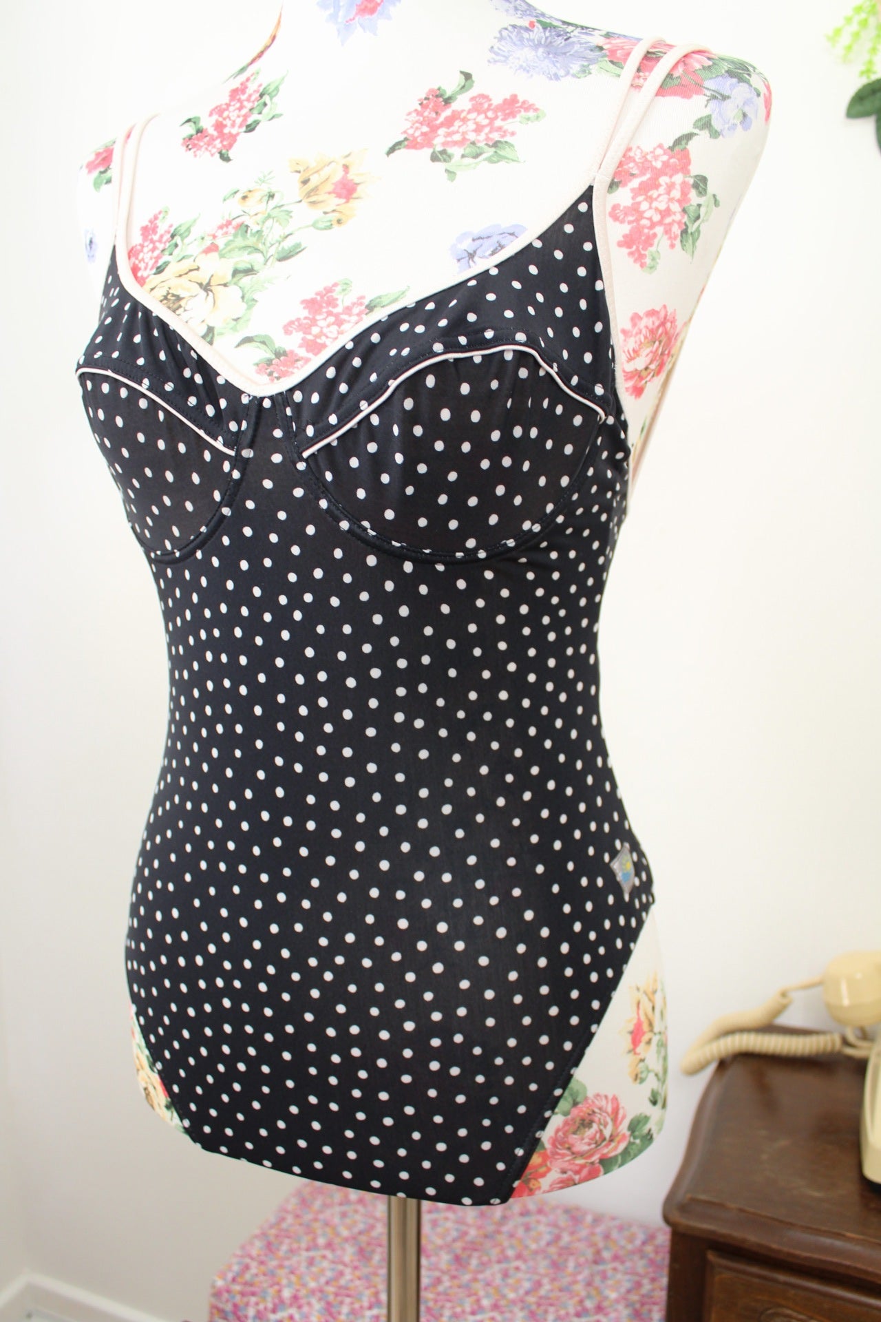 🌸🍒Maillot de bain vintage 80/90's noir & pois style pin-up - Taille 36🍒🌸