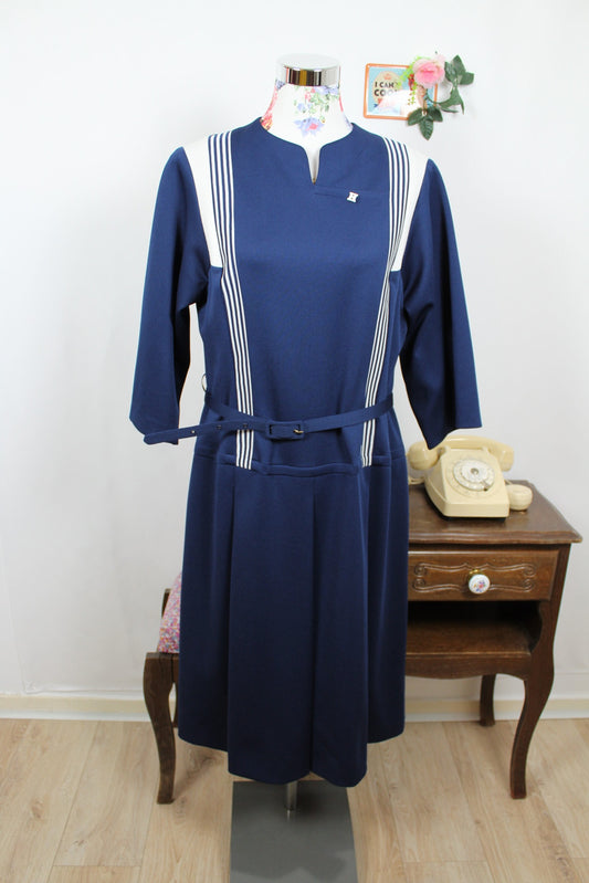 🌸🍒Robe vintage 70's bleu marine - style navy chic, col officier & ceinture assortie - T.38 à 42🍒🌸
