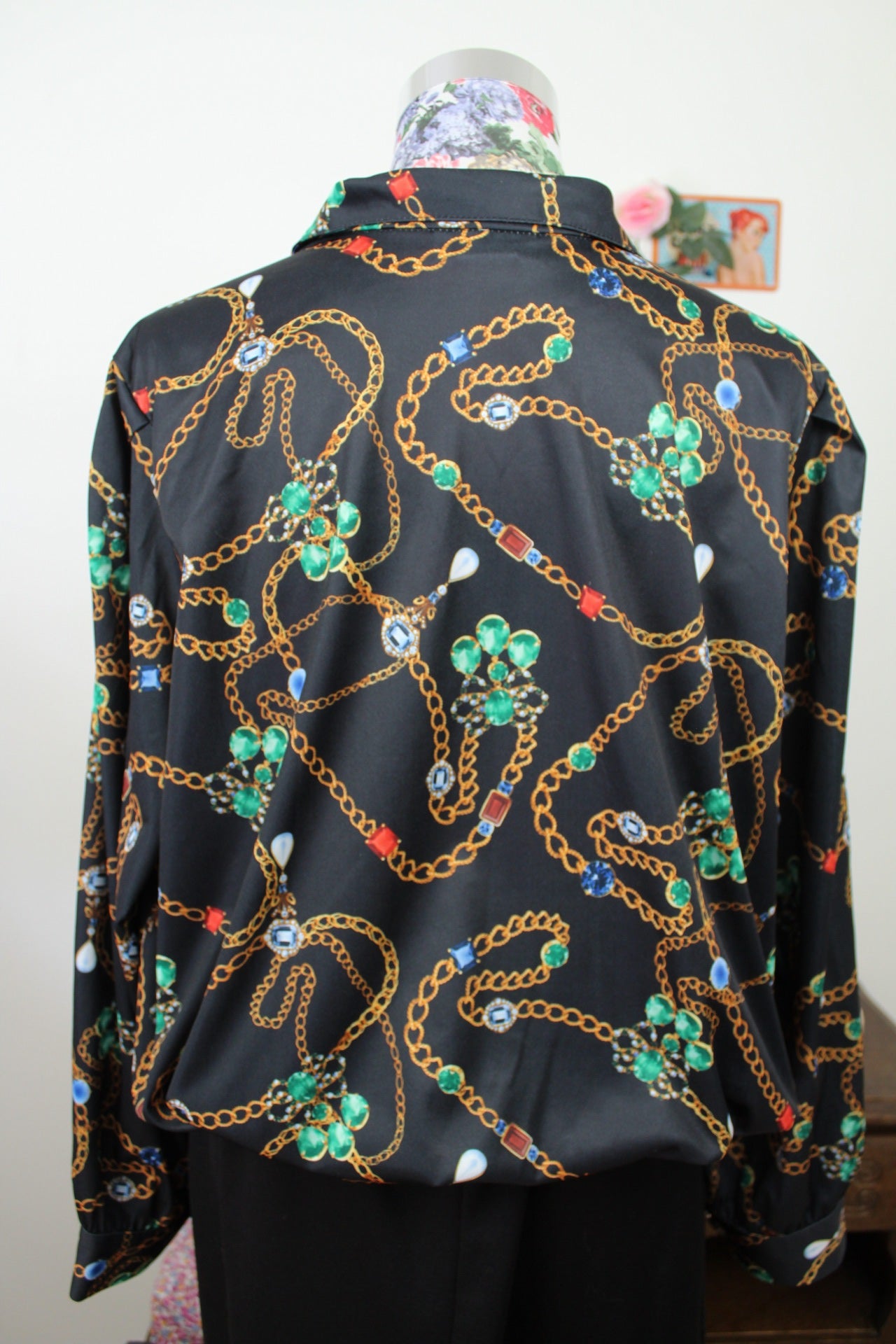 🌸🍒Blouse vintage 80/90s chaîne & bijoux col chemise - Afibel - Taille 44/46🍒🌸
