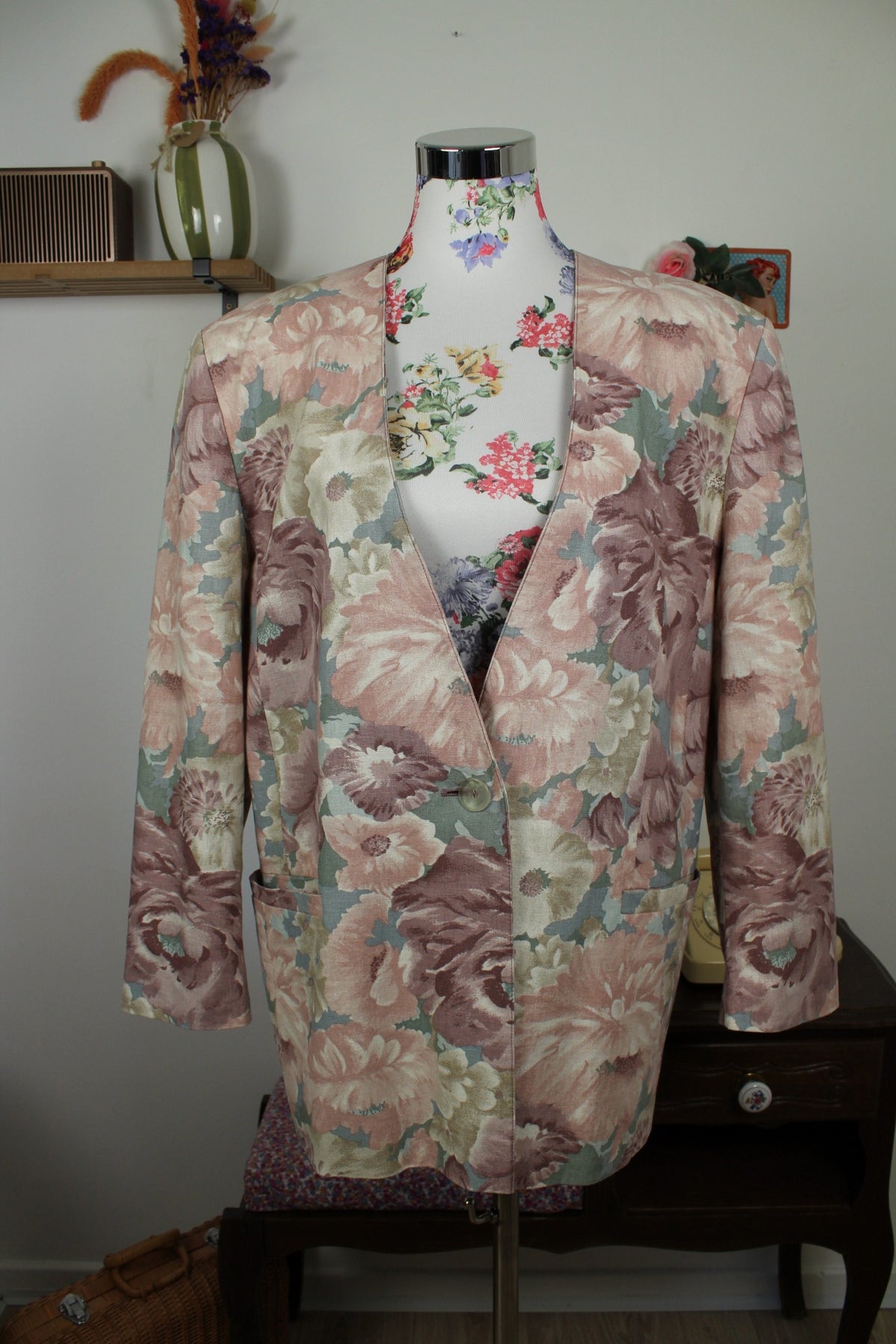 Veste vintage années 90 fleurs pastel esprit tapisserie romantique en lin & coton - Taille 44