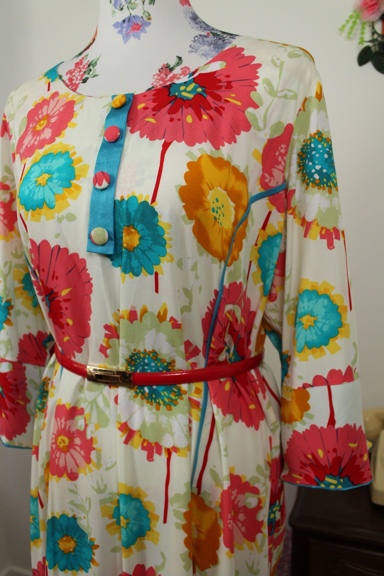 🌸🍒Robe vintage longue 70's hippie motif floral XXL coloré - T.42/44🍒🌸
