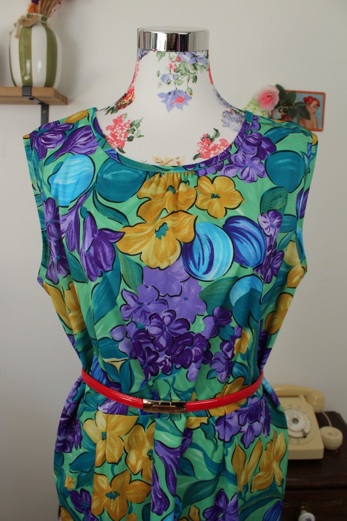 🌸🍒Robe vintage années 80/90 vert lumineux, fleurs & kiwi - Taille 44 à 48🍒🌸