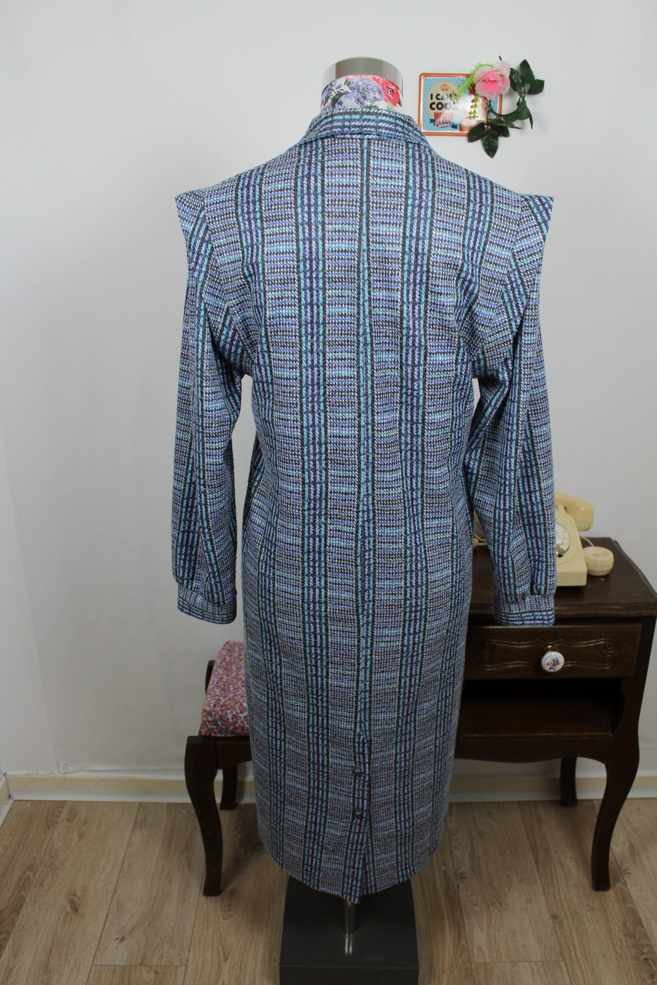 🌸🍒Robe vintage 70/80's d'hiver graphique bleu & verte - ceinture incluse - Taille 38/40🍒🌸