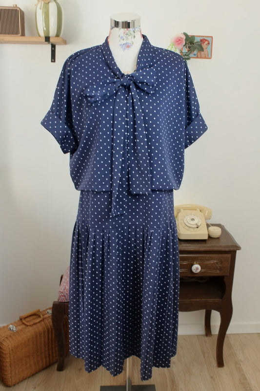 Robe vintage années 80 pin-up/rockabilly bleu marine à pois & col lavallière - Taille 42/44