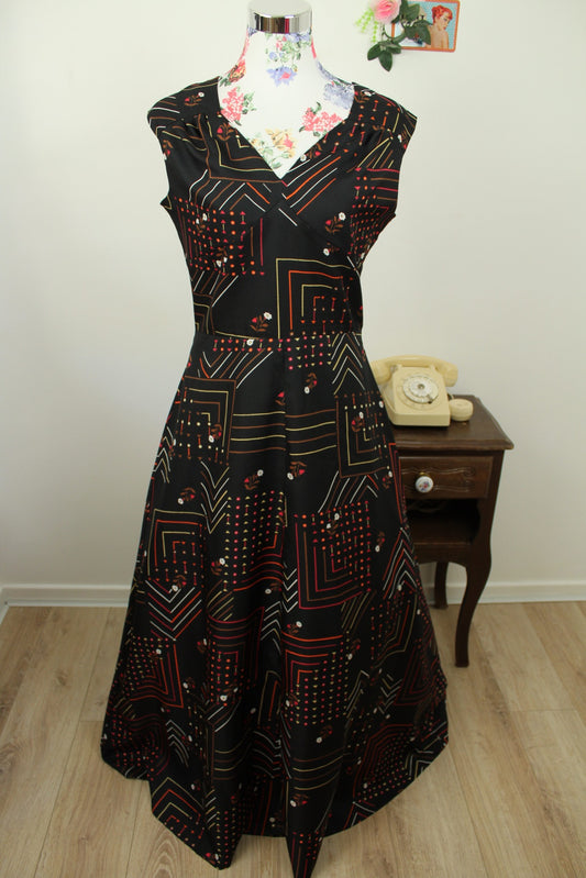 🌸🍒Robe longue vintage 70/80's petites fleurs et formes géométriques ultra colorées - Taille 38/petit 40🍒🌸