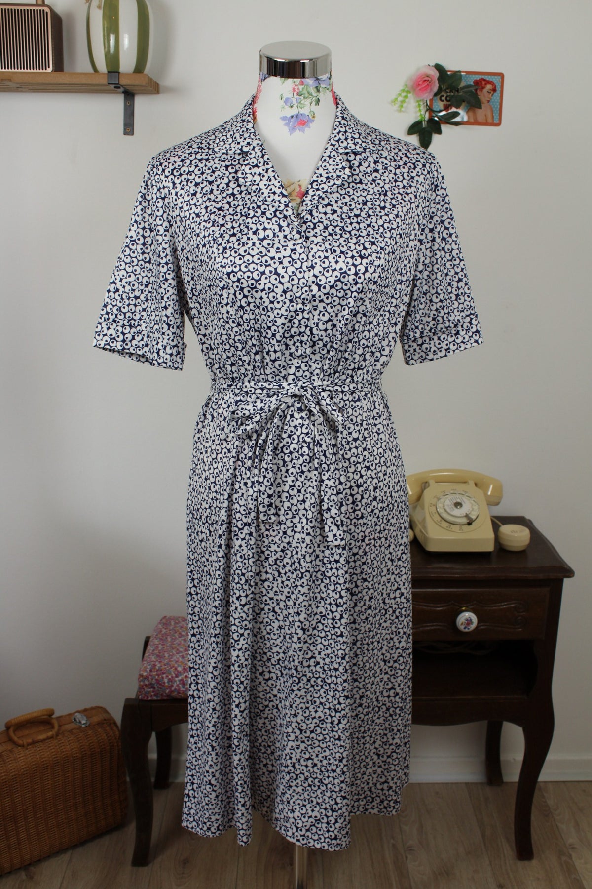 Robe chemisier vintage années 80 à pois bleu marine - pin-up chic à la française - Taille 40/42