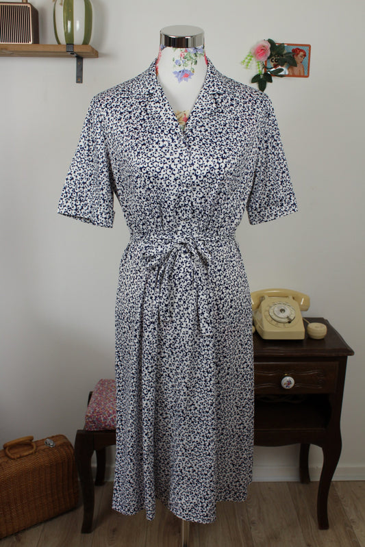 Robe chemisier vintage années 80 à pois bleu marine - pin-up chic à la française - Taille 40/42