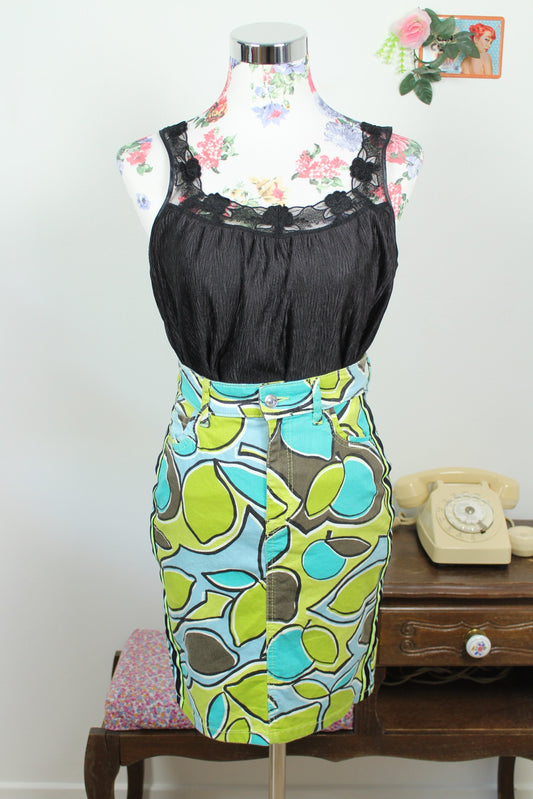 🌸🍒Jupe en jean Marc Cain motif citrons ultra colorée - Taille 36🍒🌸