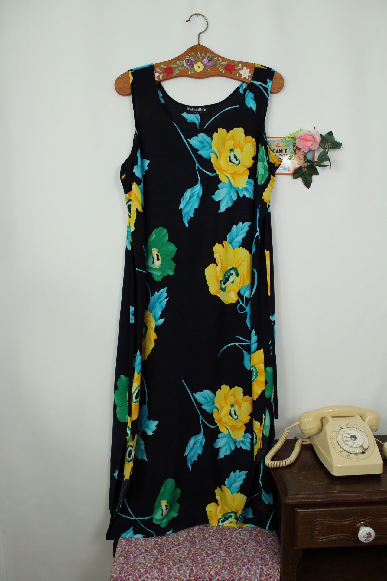 🌸🍒Robe longue vintage 90's bleue marine - fleurs jaunes ensoleillées XXL - Taille 42/44🍒🌸