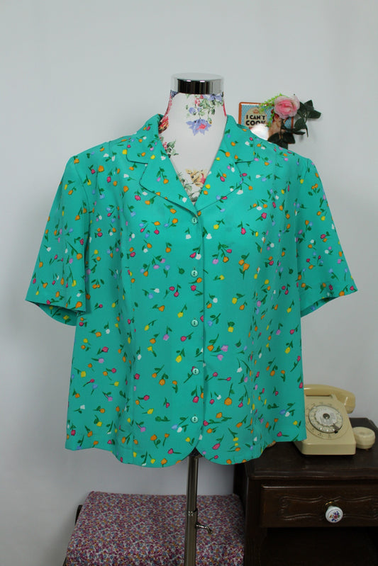 🌸🍒Chemisier vintage 80's vert pastel imprimé tulipes ultra colorées - Taille 42 à 46🍒🌸