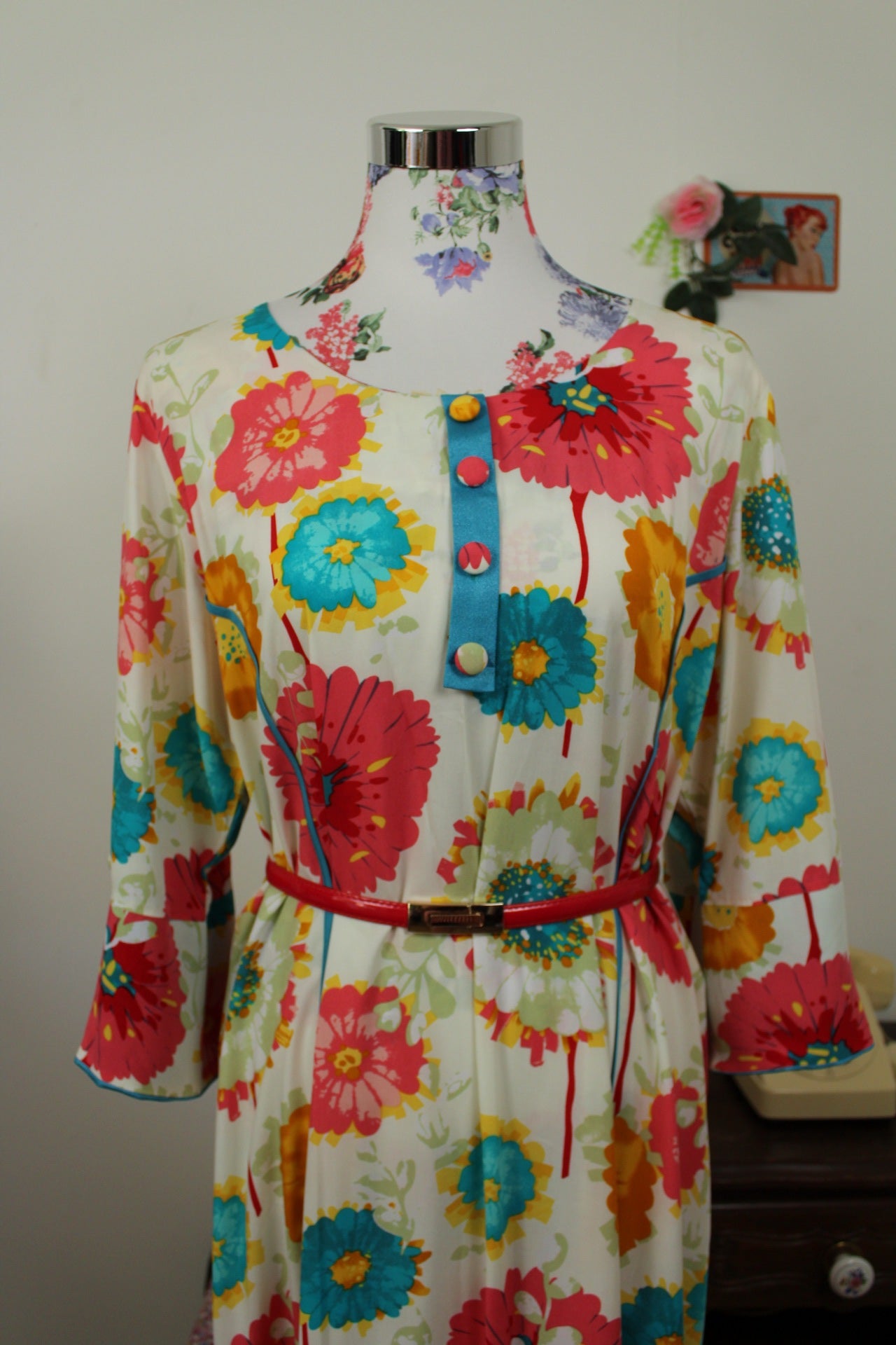 🌸🍒Robe vintage longue 70's hippie motif floral XXL coloré - T.42/44🍒🌸