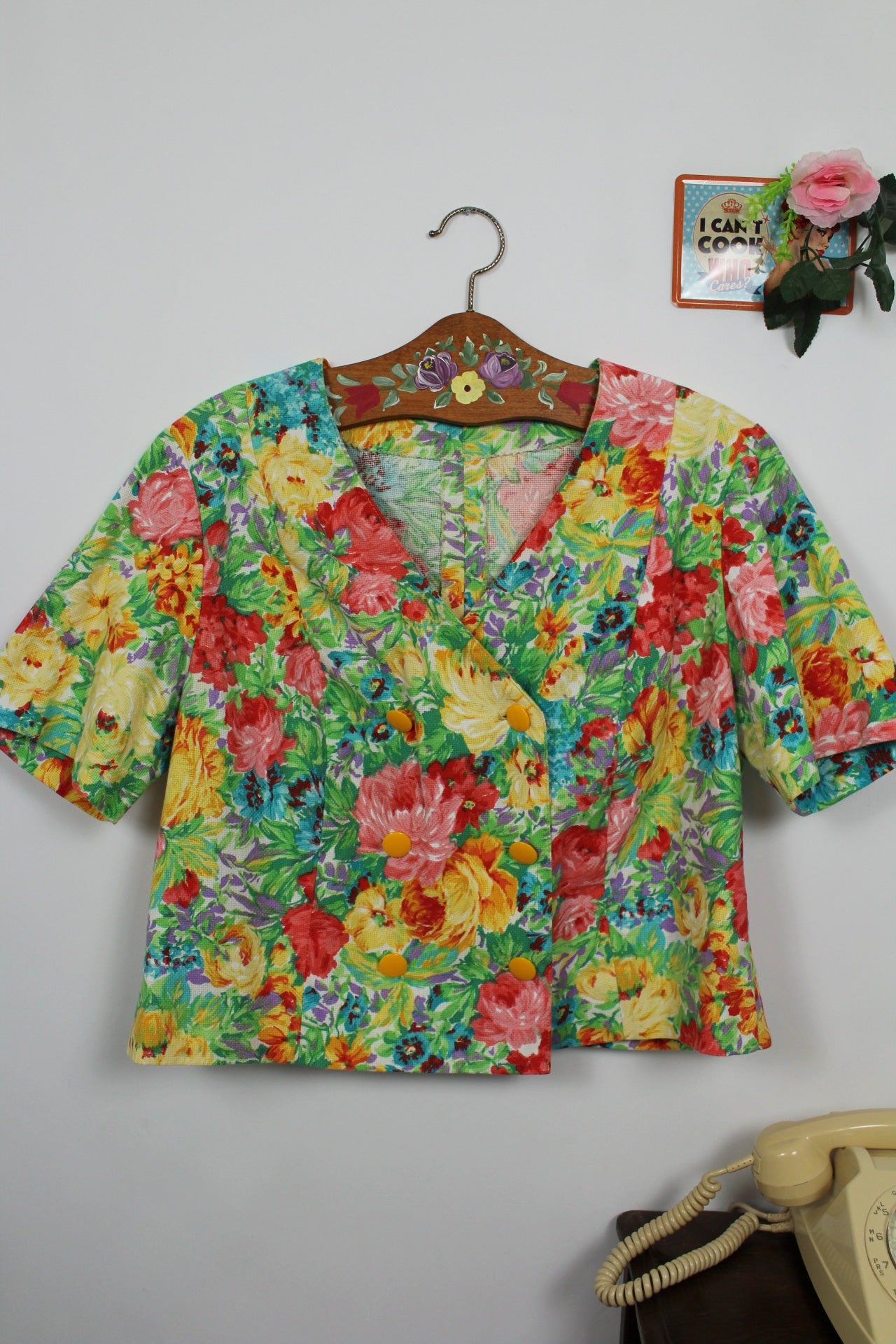 🌸🍒Blouse manches courtes vintage 70's imprimé floral dense - jardin romantique - Taille 42/44🍒🌸