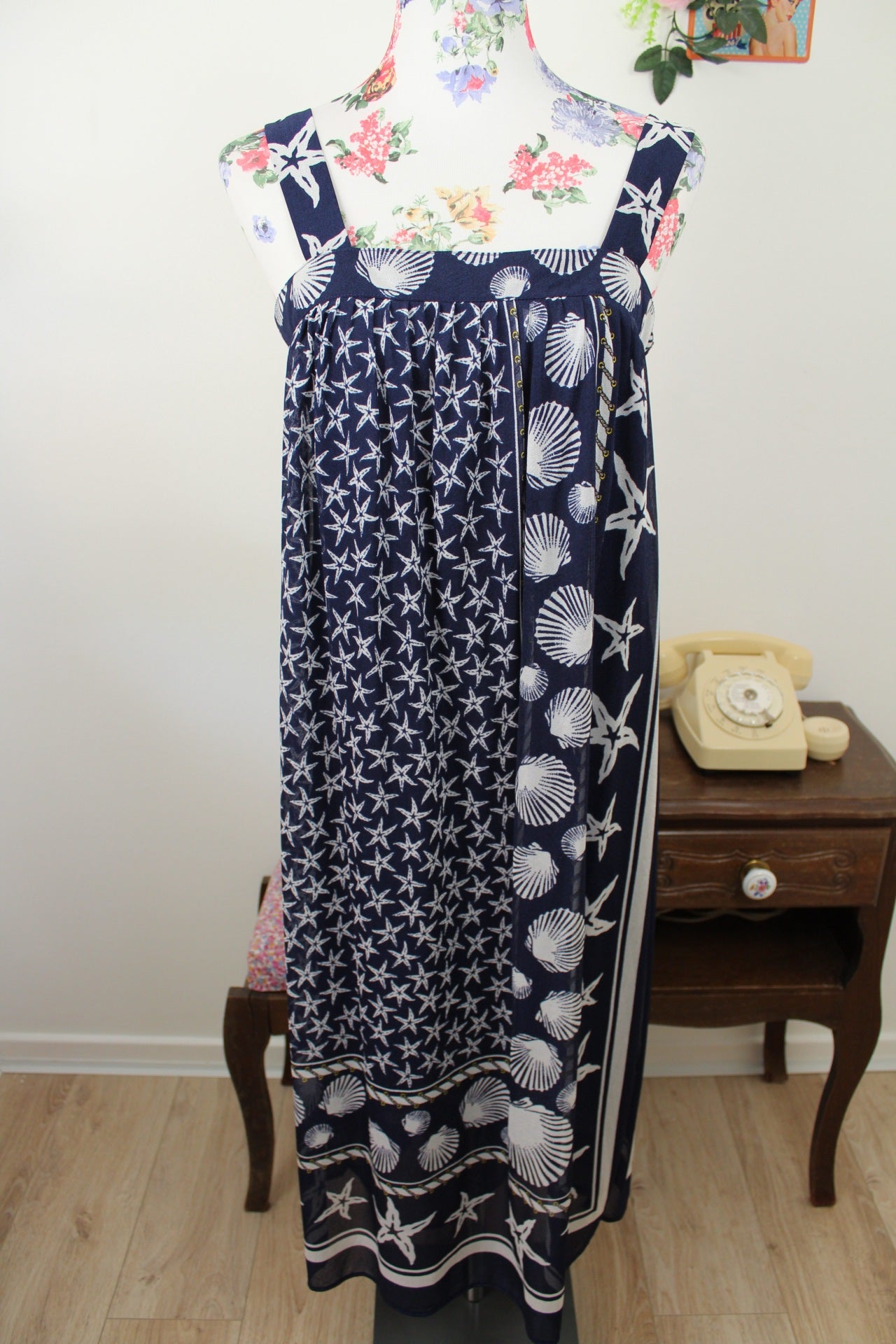 🌸🍒Robe vintage 80's imprimé marin coquillages - Navy vintage - Taille 36/38🍒🌸