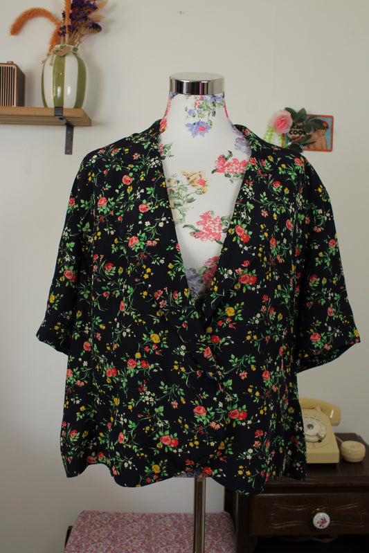 🌸🍒Chemise vintage 80's bleu marine profond & fleurs colorées romantiques - Taille 46/48🍒🌸