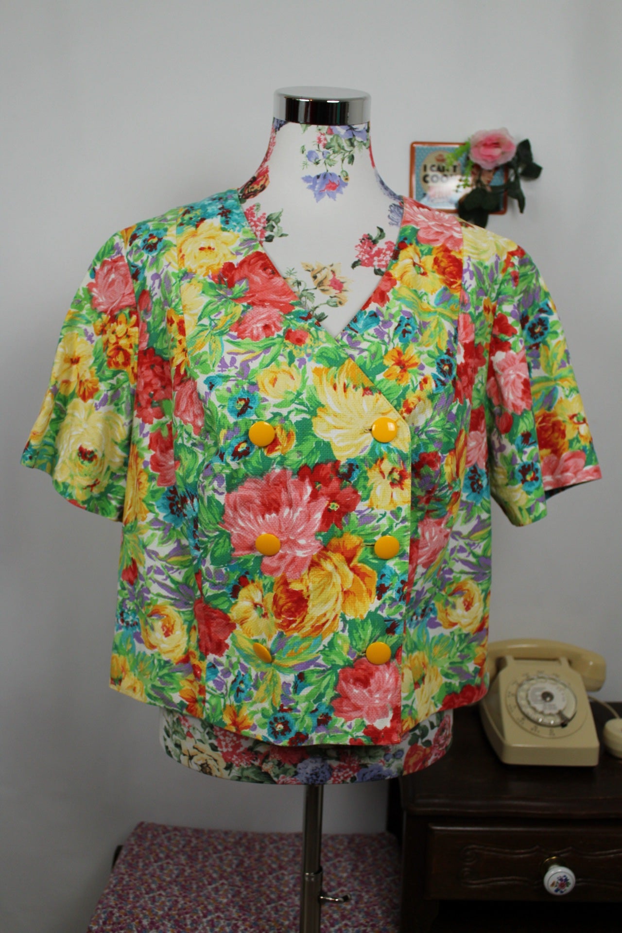 🌸🍒Blouse manches courtes vintage 70's imprimé floral dense - jardin romantique - Taille 42/44🍒🌸