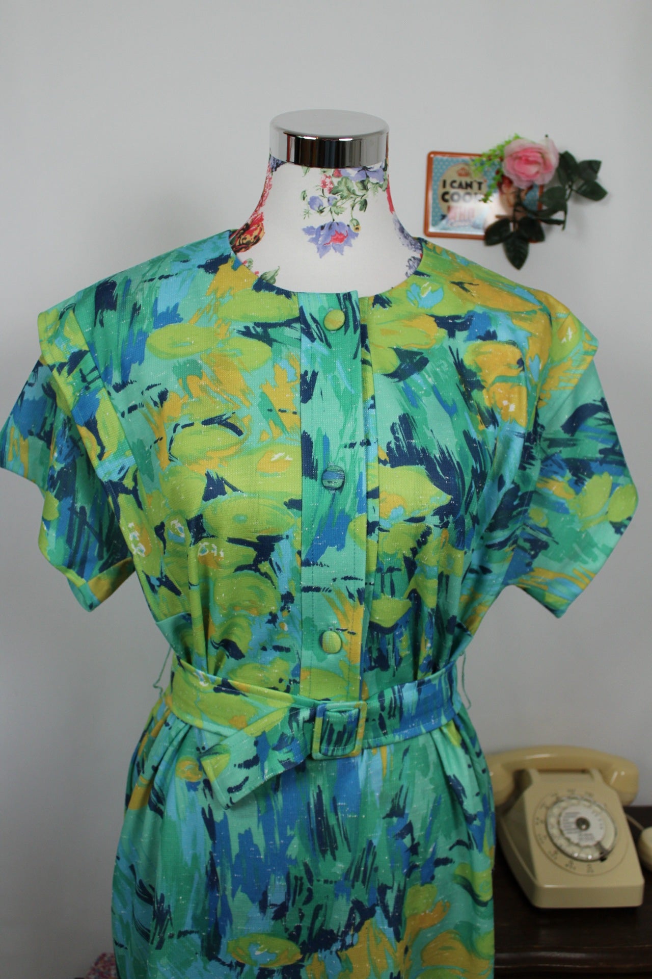 🌸🍒Robe verte vintage 80's arty esprit coups de pinceau Picasso et ceinture - Taille 42/44🍒🌸