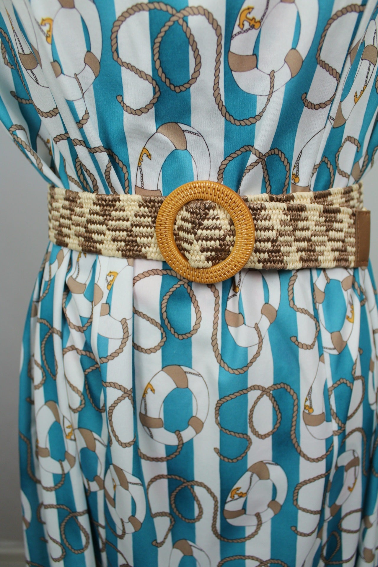 🌸🍒Robe vintage 80's Navy rayures turquoises & motifs nautiques - Taille 38 à 42🍒🌸