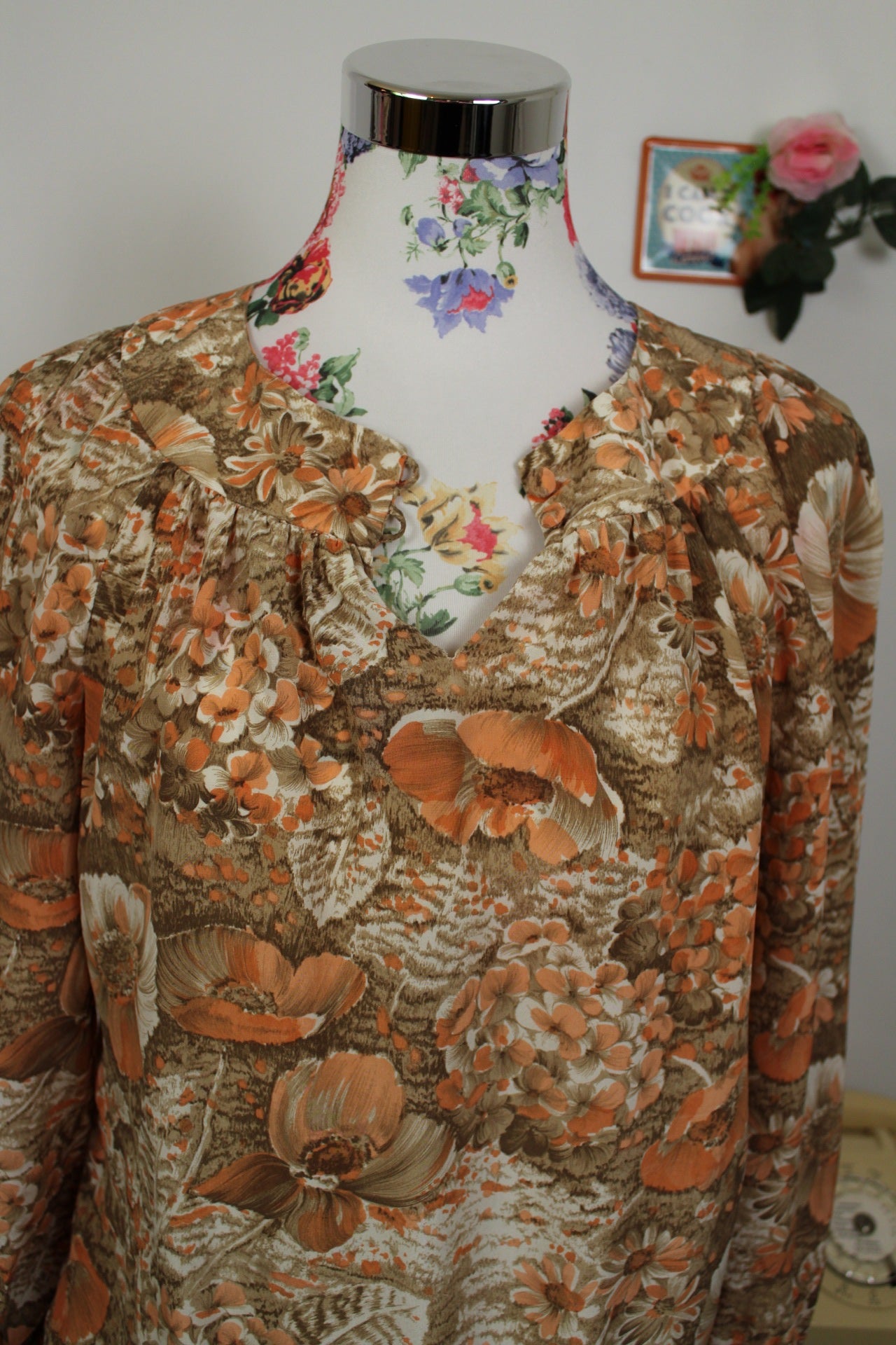 🌸🍒Blouse vintage 70's "papier peint - fleurs automnales" légère - Taille 38/40🍒🌸