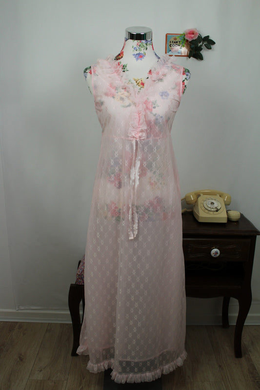 🌸🍒Nuisette rose romantique vintage 70/80's - dentelle florale & col volantée - Taille 36🍒🌸