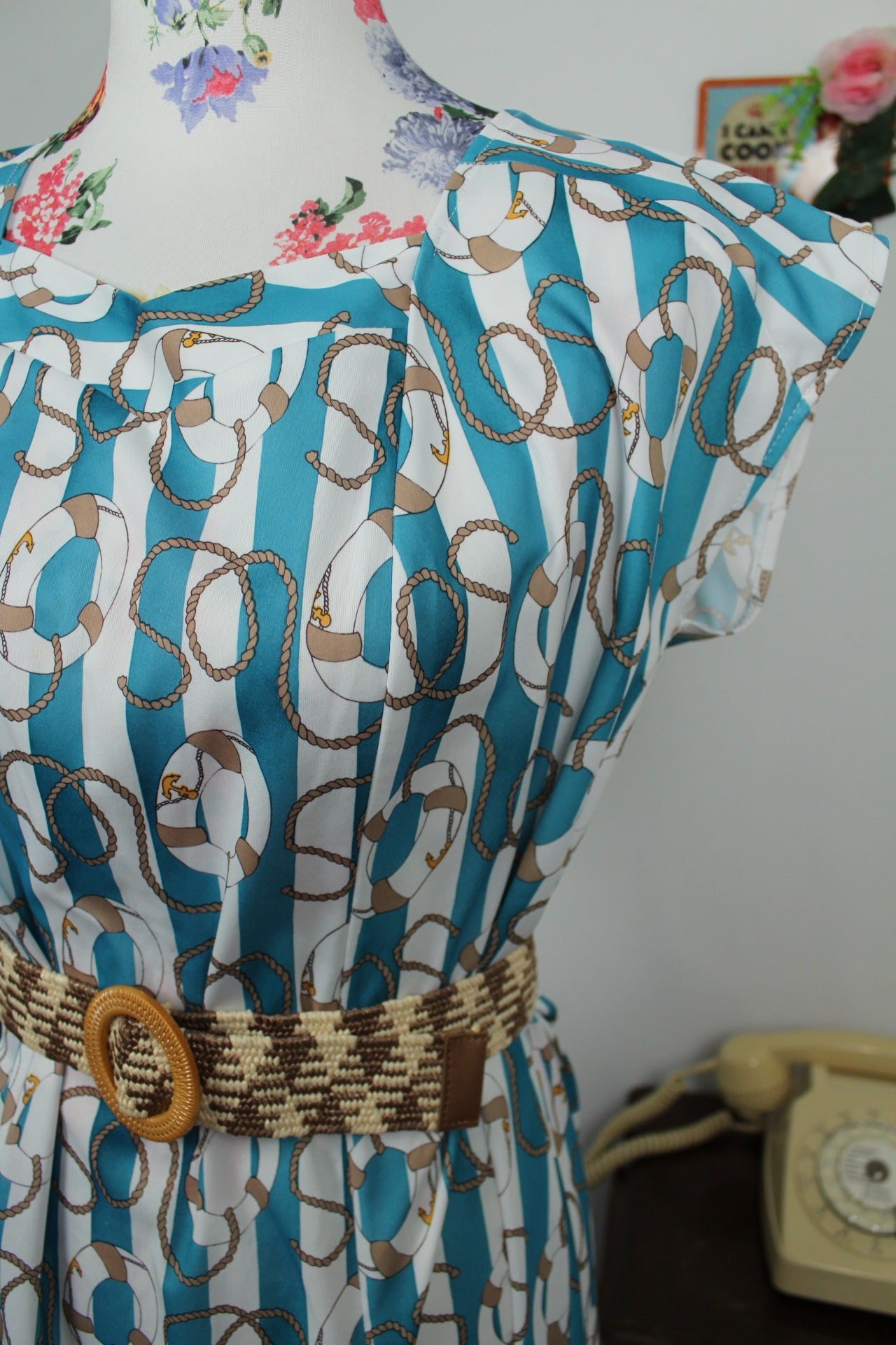 🌸🍒Robe vintage 80's Navy rayures turquoises & motifs nautiques - Taille 38 à 42🍒🌸