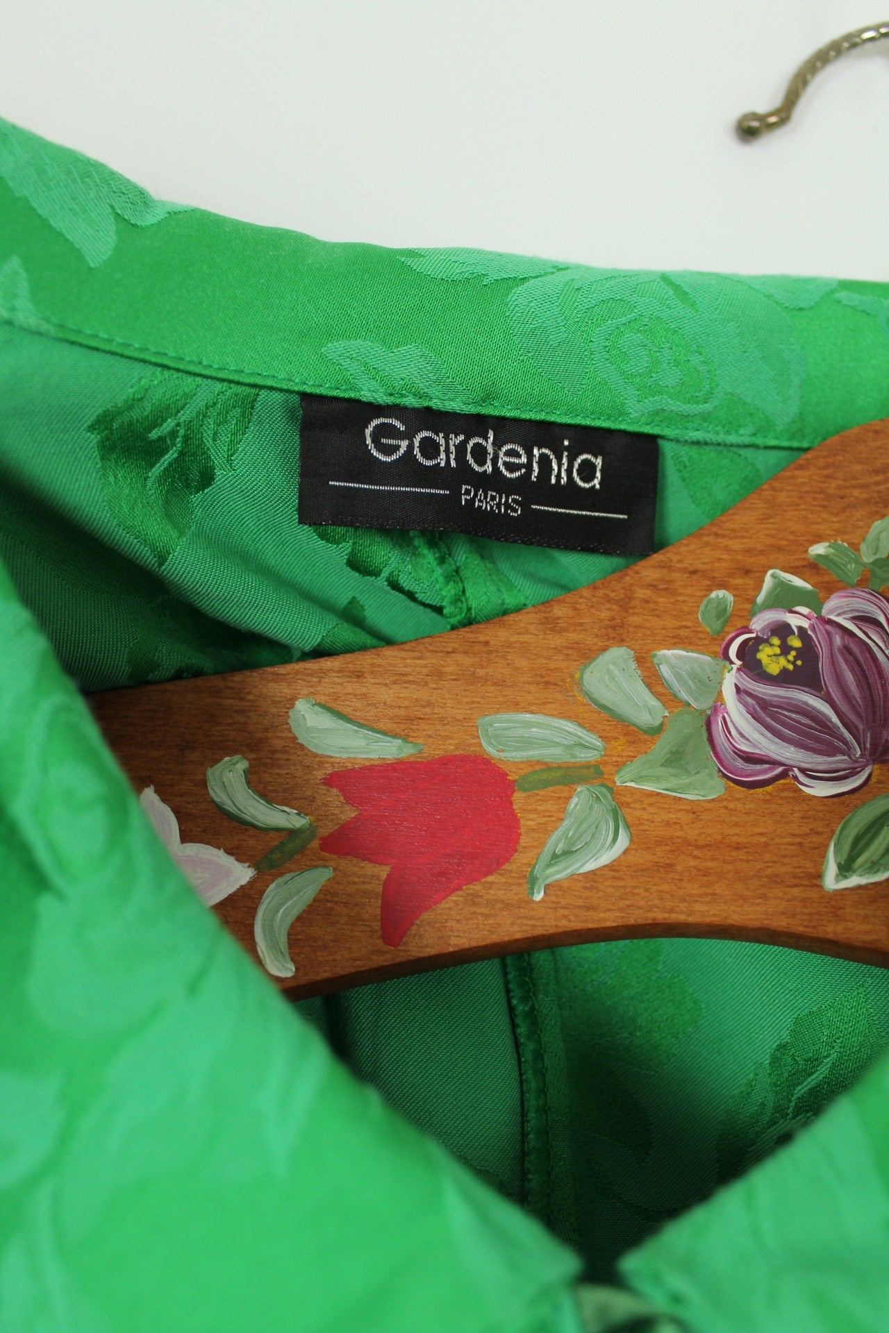 🌸🍒Robe vintage 80/90s romantique vert satiné & roses ton sur ton - Taille 40🍒🌸